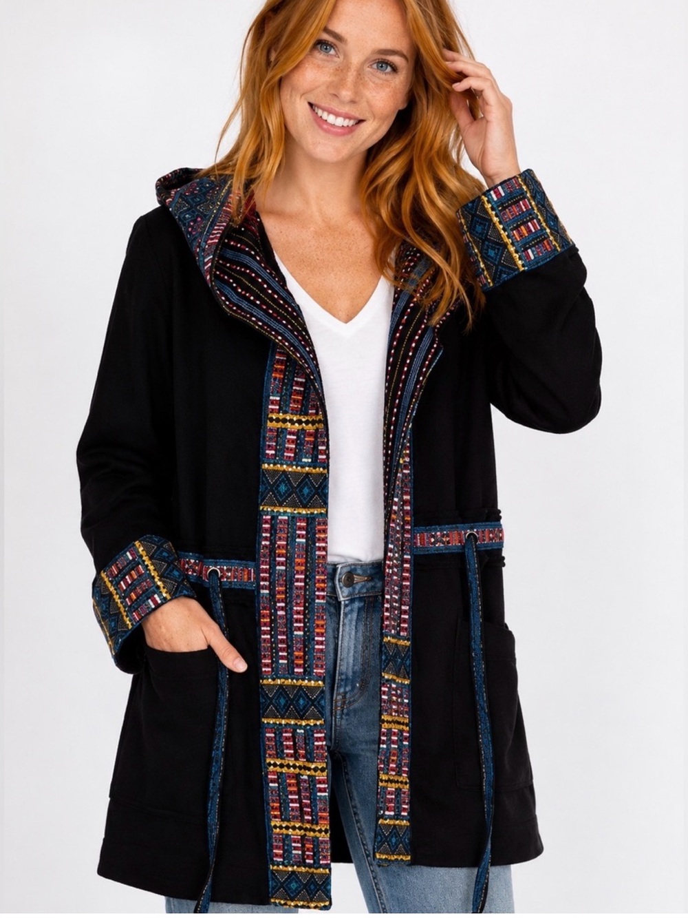Johnny Was Tia Jacket Black Embroidered Hooded Boho Belted Cardigan M